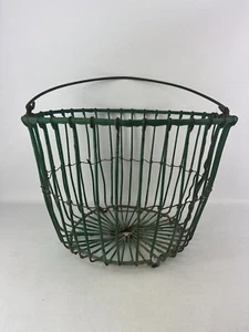Vintage Egg Clam Farmhouse Basket Green Coated Metal Wire Gathering Rustic Decor - Picture 1 of 13