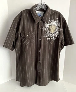 Machine Short Sleeve Mens XL Shirt Clear Snaps Brown Two Headed Eagle Graphic - Picture 1 of 6