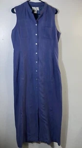 Womens Vintage Casual Corner Sleeveless Silk Button Maxi Midi Dress 12 Blue - Picture 1 of 8