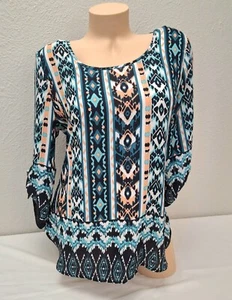 Wishful Park Azteken schwarz grün pfirsich gerafft 3/4 Ärmel Tunika Bluse Top Large L - Bild 1 von 7