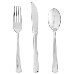 75 Pack Silver Plastic Silverware Disposable Cutlery Set - 25 Forks, 25 Knive... - Picture 1 of 7