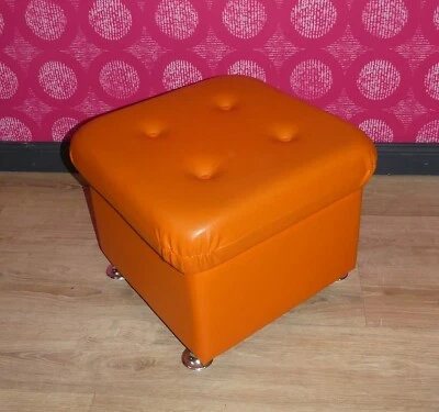 70er Jahre Cube Box Hocker gepolstert Kunstleder ORANGE Truhe Kiste space age - Bild 1 von 4