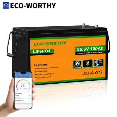 ECO-WORTHY 24V 100Ah LiFePO4 Lithium Battery Bluetooth Low-Temp For Home RV - Image 1 of 4