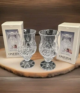 (2) Vintage ONEIDA Lead Crystal Hurricane Lamp Candle Holder w/ Diamond Pattern - Picture 1 of 6