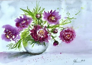 Original Watercolour purple flowers, pink peonies Vase Style Life bouquet - Picture 1 of 5