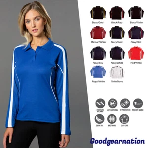Ladies Polo Shirts Contrast Cotton Back Breathable Casual Long Sleeve Sport - Picture 1 of 21