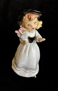Vintage Lefton Figurine Girl In Black Bonnet with Bouquet of Flowers - Picture 1 of 5