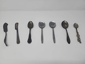 7 LOT OF MIXED SILVERWARE SILVER PLATE STAINLESS STEEL SPOON KNIFE VTG - Picture 1 of 15