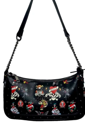 NWT Ed Hardy Black Shoulder Bag Crossbody Tattoo Print Small Pleather Purse - Image 1 of 3