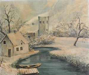 Antique original oil painting winter landscape signed - Picture 1 of 24