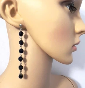 Vintage 70’s Black Long Black Beaded Dangle Drop Earrings 3.5” - Picture 1 of 11