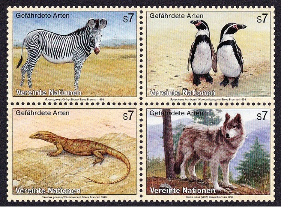Pássaros Zebra Pinguins Lagarto Lobo 4v Bloco de 4 ONU Viena 1993 MNH - Imagem 1 de 1