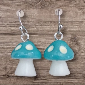 Handcrafted BLUE MUSHROOMS Dangle Earrings Women HYPOALLERGENIC LOOPS + STOPPERS - Picture 1 of 24