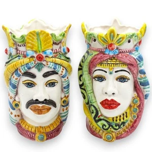 Teste di moro Siciliane Corona e Turbante (coppia) h 18 cm ca. ceramica Caltagir - Imagen 1 de 1