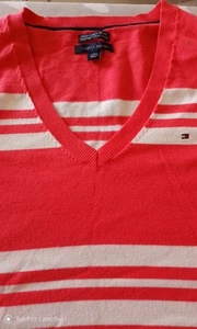 Tommy Hilfiger Women's Coral Colour Striped Stretch V Neck Jumper Size XL - Picture 1 of 9