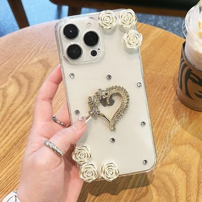 Glitter Diamond Love Rose Case For iPhone Samsung Honor Clear Phone Cover Skin - Image 1 of 4