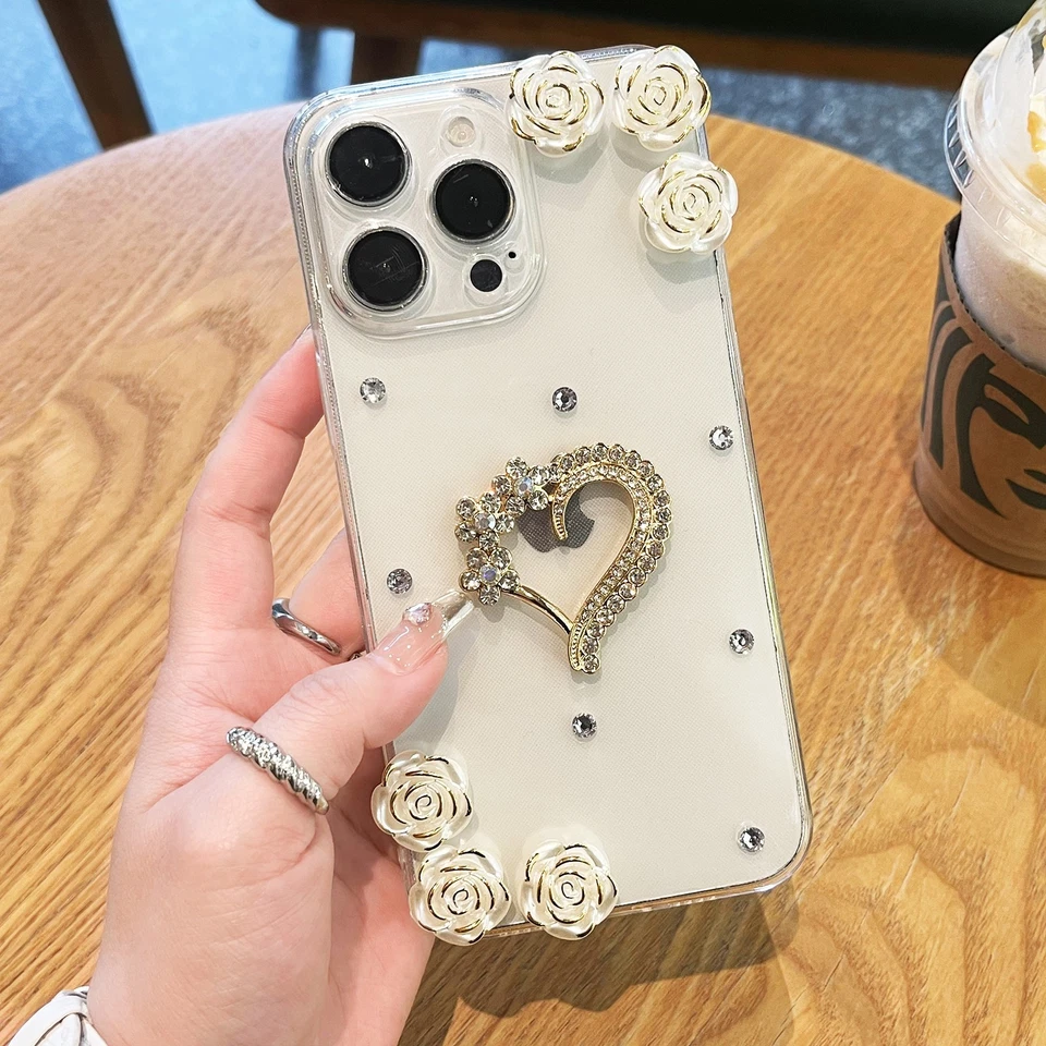 Glitter Diamond Love Rose Case For iPhone Samsung Honor Clear Phone Cover Skin - Image 1 of 4