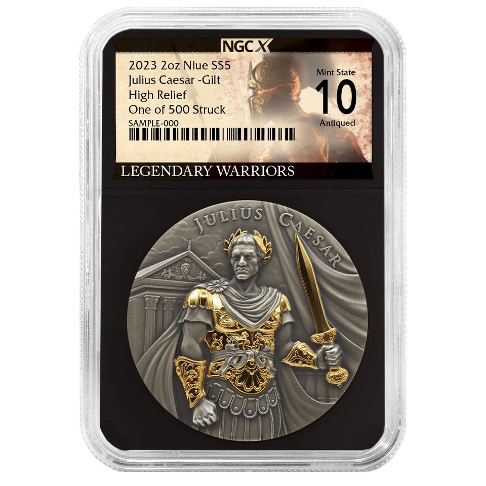 2023 Julius Caesar 2 oz High Relief Silver Antiqued & Gold Gilded NGCX MS10 - Image 1 of 3