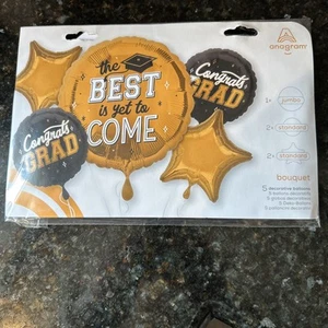 Anagram Gold And Black 5 Balloon Graduation Bouquet Jumbo And Standard Mylar - Picture 1 of 3