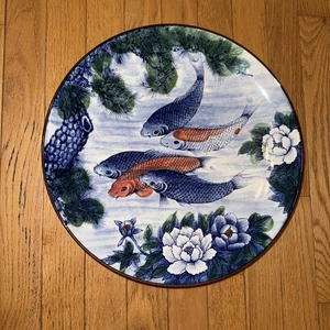 Vintage Tokyo Koi Sun Ceramics Japan Fish Lotus Flower 12.5” Plate - Picture 1 of 2