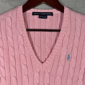 Ralph Lauren Sport Sweater Womens Small Pink Cable Knit V Neck Pony Cotton Logo - Picture 1 of 7
