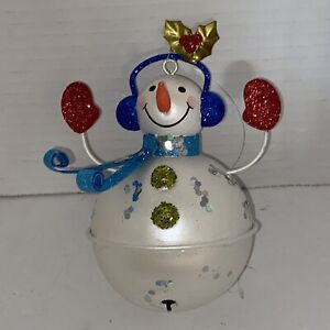 3D Snowman with Blue Glitter Ear Muffs Metal Christmas Ornament 5"