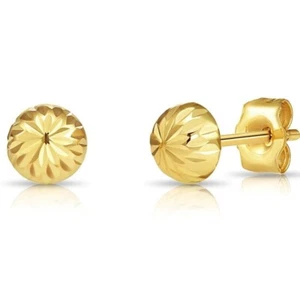 14K Real Solid Gold Diamond-Cut Half Ball Bead Sleeper Studs Earrings Push-back - Picture 1 of 10