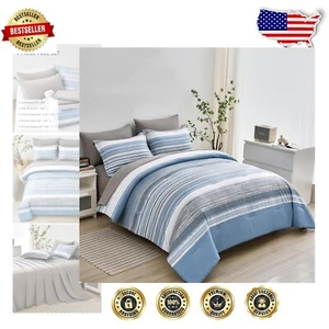 7-Piece Full Size Striped Comforter Set in Light Blue & Grey - All-Season Luxury - Picture 1 of 9
