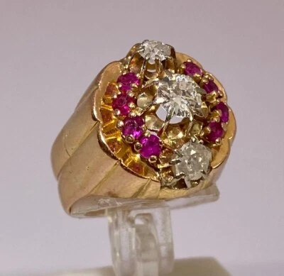 Bague en Or Jaune 18 K / Rubis synthétiques + Diamants / Années 50  / Réf MP2367 - Photo 1/4