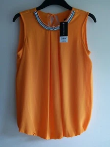 Dorothy Perkins Tangerine Orange Top Blue Beading Diamante Neck Size 8 BNWT - Picture 1 of 7