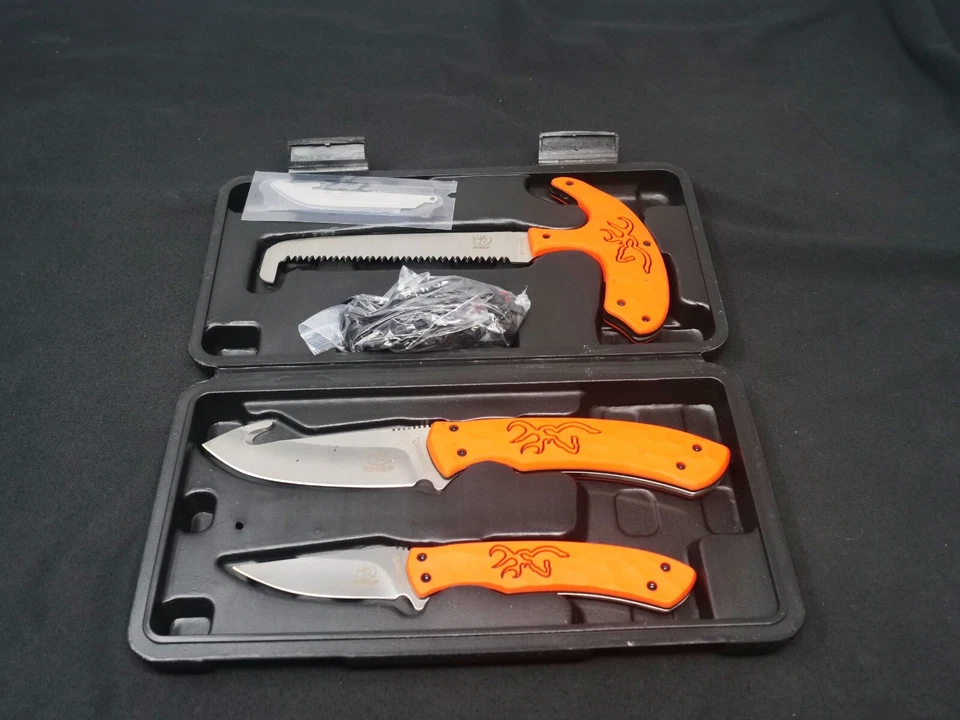 Juego de cuchillos con mango naranja Browning RMEF en excelente estado. VER NOTA Foto 1 de 1