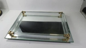 MID CENTURY MODERN Vanity Mirror Dresser Tray Glass Gold Lucite Rod 10.5" BY 8" - Picture 1 of 9