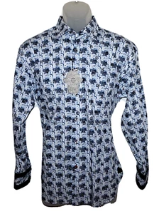 Camisa Visconti Manga Larga Mediana Natural Elastizada Azul Marino Blanco Geo Estampado Nueva con Etiquetas - Imagen 1 de 7