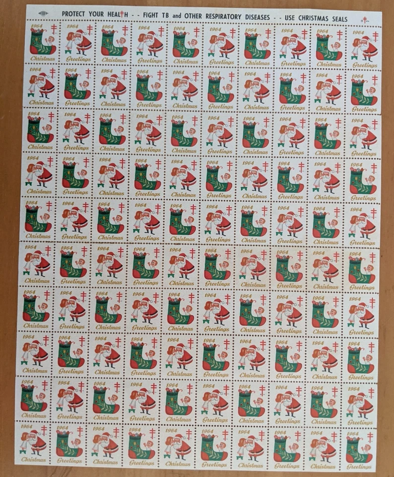 1964 US CHRISTMAS SEALS  FULL SHEET of 100 Stamps (Christmas Santa) separation - Image 1 of 1
