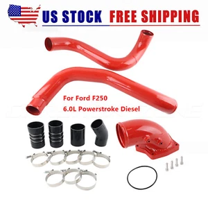 Red Intake Elbow + Turbo Intercooler Pipe for Ford F250 6.0L Powerstroke Diesel - Picture 1 of 9