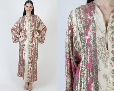 Antigo Vestido I.Magnin Metálico Kaftan Ouro Brilhante Kimono Bell Slv Caftan Índia - Imagem 1 de 4