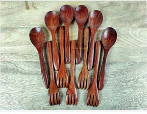 Cuchara y tenedor de madera cubiertos de comedor para cocina | Juego de 12 cucharas para artículos de comedor - Imagen 1 de 6