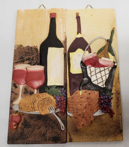 Set of 2 Different Wall Ceramic 3 D Plaques (8" x 3") WINE BOTTLES & GRAPES Cover
