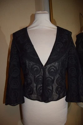 M&S Per Una Black Tapework Ribbon Mesh Sheer Cropped Bolero Shrug 10 12 Evening - Image 1 of 4