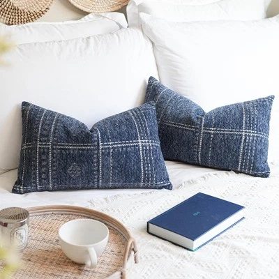 Dark Blue Decorative Lumbar Throw Pillow Covers 12X20, Set of 2, Boho Farmhou... - Image 1 of 4