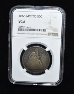 1866 Motto sitzende Freiheit Half Dollar 50 Cent Silbermünze - NGC VG 8 - Bild 1 von 4