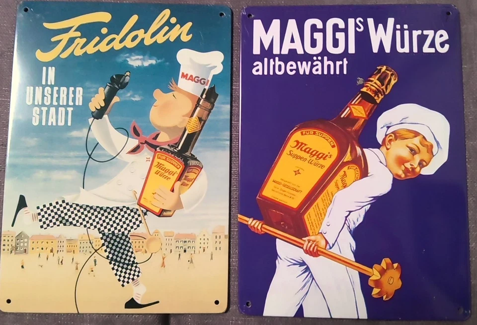 2x MAGGI WÜRZE Fridolin Blechschild Werbung Reklame Kochen Geschmack 20x15 - Bild 1 von 1