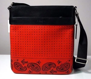 Coach Charles Red/Black Bandana Printed Leather Sport Calf Crossbody Bag F55961 - Picture 1 of 7