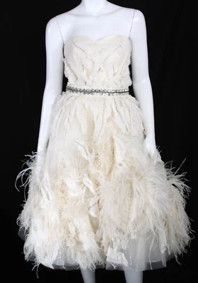 CAROLINA HERRERA Cream White Tulle Feather Fringe Crystal Belted Wedding Dress 0 - Image 1 of 4