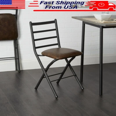 Indoor Folding Chair Vegan Leather Seat Space Saving Design Sturdy Metal Frame - Image 1 of 4