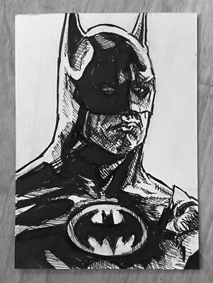 Batman PSC 1/1 Michael Keaton DC Comics Hand Drawn Sketch Card by CJ Morris ACEO - Image 1 of 3