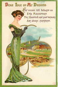 Postal del Día de San Patricio en relieve mujer en verde P Sander Isle Of My Dreams - Imagen 1 de 2