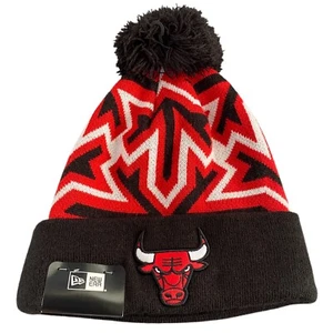 Chicago Bulls New Era NBA Zig-Zag Logo Knit Beanie + Pom Red Black Hat Cap - Picture 1 of 4
