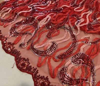 RED PINK Sequins Embroidery Lace Fabric 50” Width 28” Long - Image 1 of 4