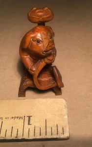 Japanese Boxwood Netsuke - Pig with Magical Ruyi Staff #2 - Picture 1 of 8